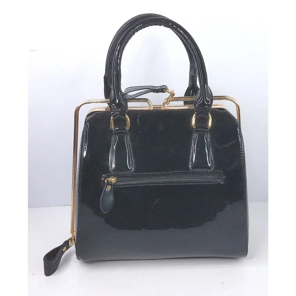 Vintage Y2K Black Patent Handbag Gold Frame Structured Top Handle Purse